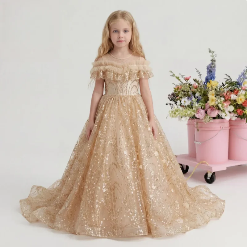 Champagne Gold Sequin Tulle Flower Girl Dress Off Shoulder Ruffle Neck Floor Trailing Train Kids Gown Wedding Bridesmaid