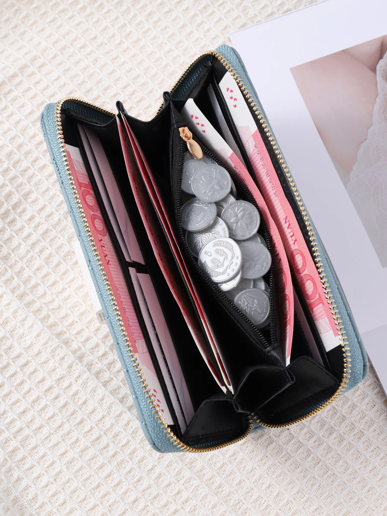 New fashion solid color PU wallet girls zipper print clutch bag temperament simple sewing line coin purse