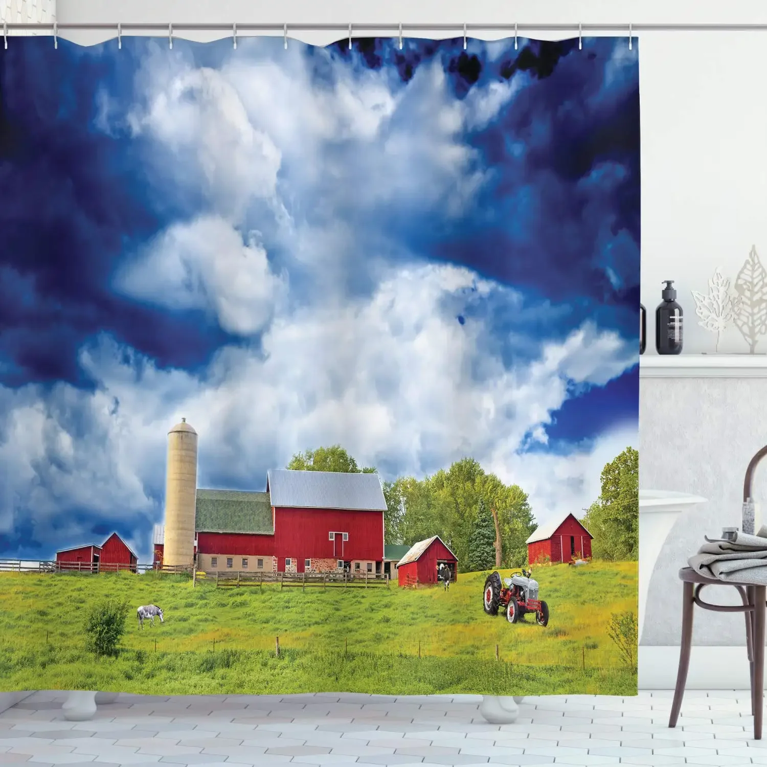 European Village Pasture Shower Curtain Sunrise Green Field Bath Curtain Bathroom Waterproof Fabric Bathtub Screen with Hooks