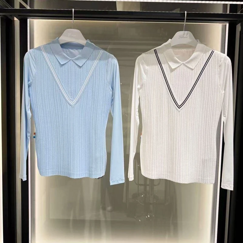 2026 Korean Women Golf Long Sleeve Shirt Summer Knit Patchwork Sun Protection Sport Golf Top