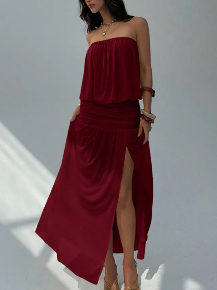 

Модное богемное макси-платье с разрезом, сексуальное пляжное платье без бретелек с открытыми плечами, плиссированное, летнее, с завышенной талией, с принтом, для отпуска