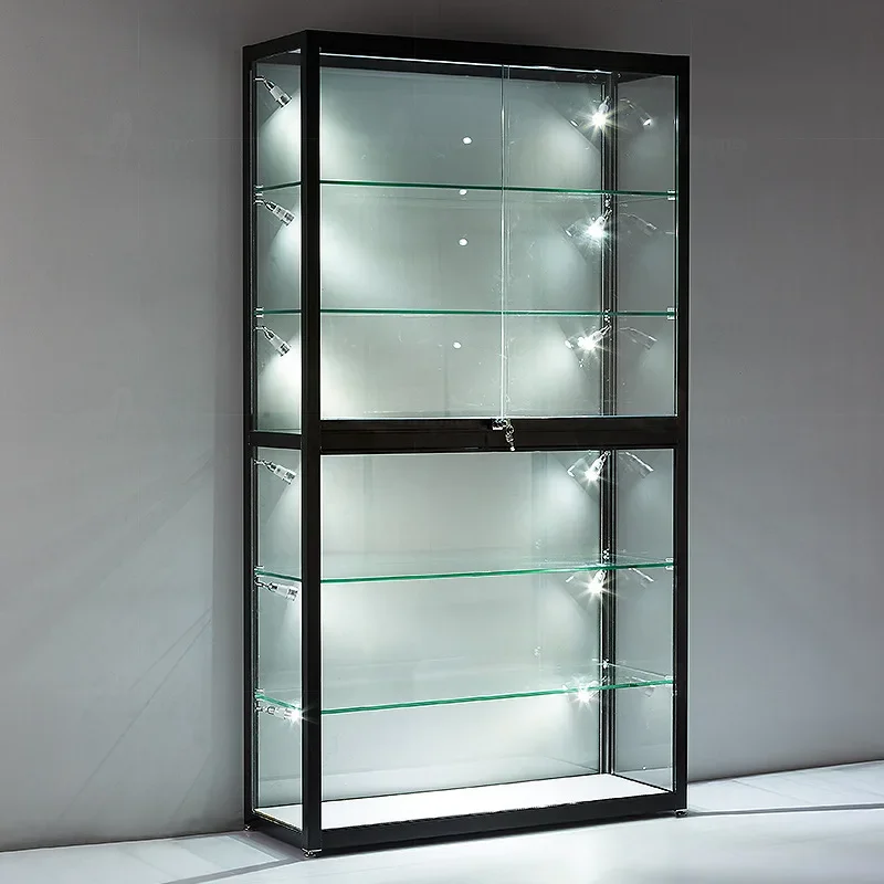 custom，High Quality Full LED light Aluminum Frame Wall Display Showcase Cabinet with Lock and Sliding Doors for Retail St