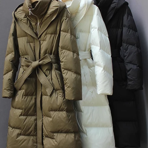 두꺼운 다운 재킷 여성용 긴 스타일 허리띠 두꺼운 여성용 무릎 아래 다운 재킷 패딩 코트 다운 재킷 패딩 코트 다운 재킷