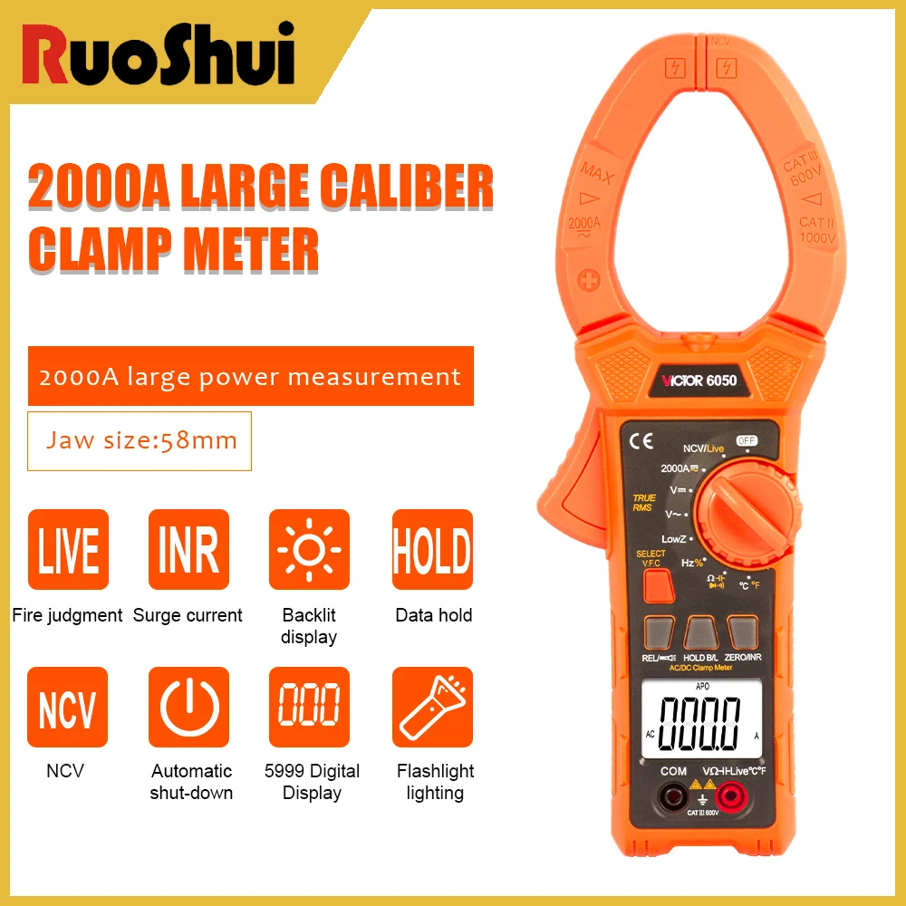 

RuoShui 6050 Professional Clamp Multimeter Auto-Range Tester 2000A AC/DC with Voltage/Frequency/Capacitance/Diode Test Functions