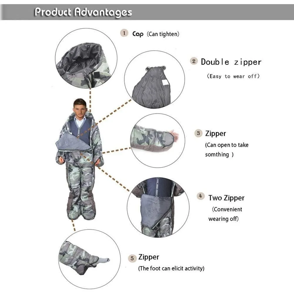 كيس نوم حراري مبطن خفيف الوزن للبالغين - هوديي كبير الحجم مع فتحة قدم بسحاب وتصميم دافئ
