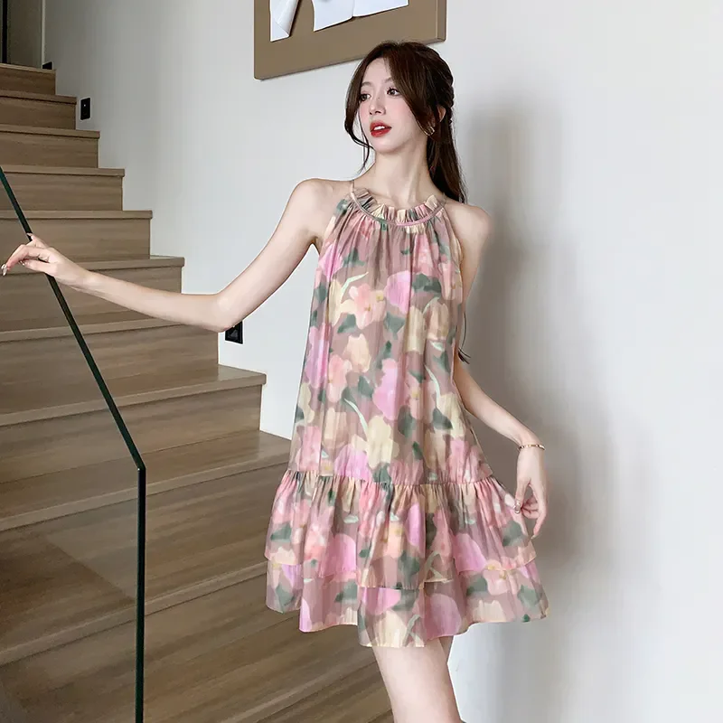 فستان نسائي صيفي بدون أكمام مكشكش برباط فستان زهري للنساء عاري الكتفين على شكل حرف a فستان مثير للحفلات