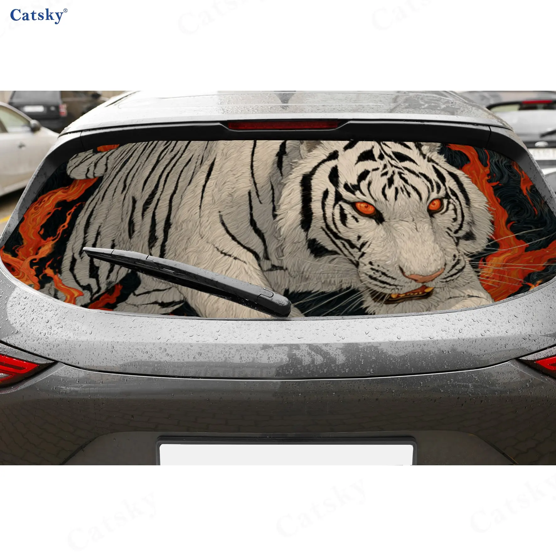 

Stunning White Tiger with Vivid Red Eyes PVC Perforated Car Vinyl Wraps, Durable Car Rear Windshield Sticker, Waterproof Car Rea