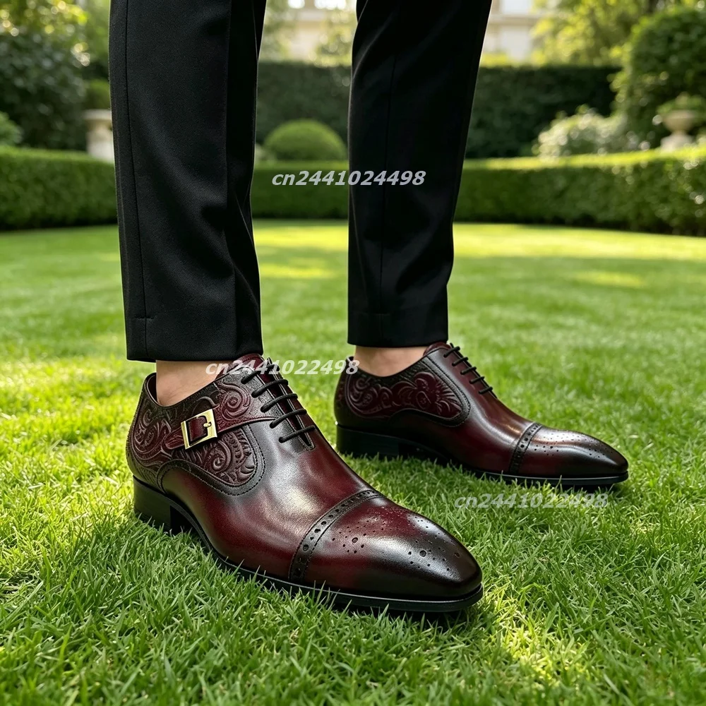Men Multi Color Cap Toe Brogue Oxford Dress Shoes, Embossed Pattern Faux Leather Lace up With Metal Buckle  Footwear for Wedding