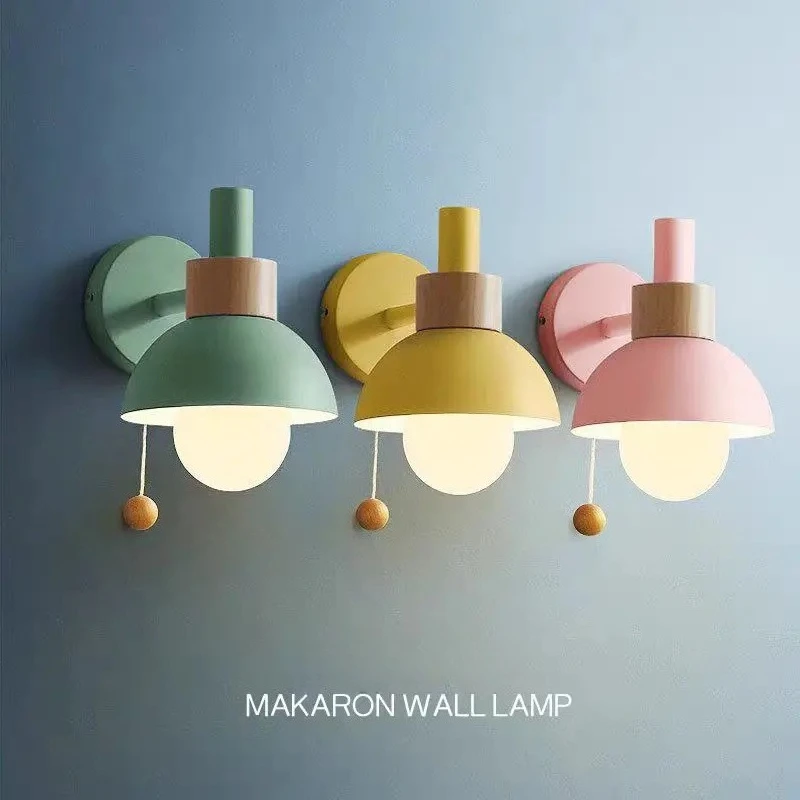 French Minimalist Macaron Colored Wall Lamps Pull Cord Switch Metal Art Light Fixture Home Bedroom Study Living Room Decoration
