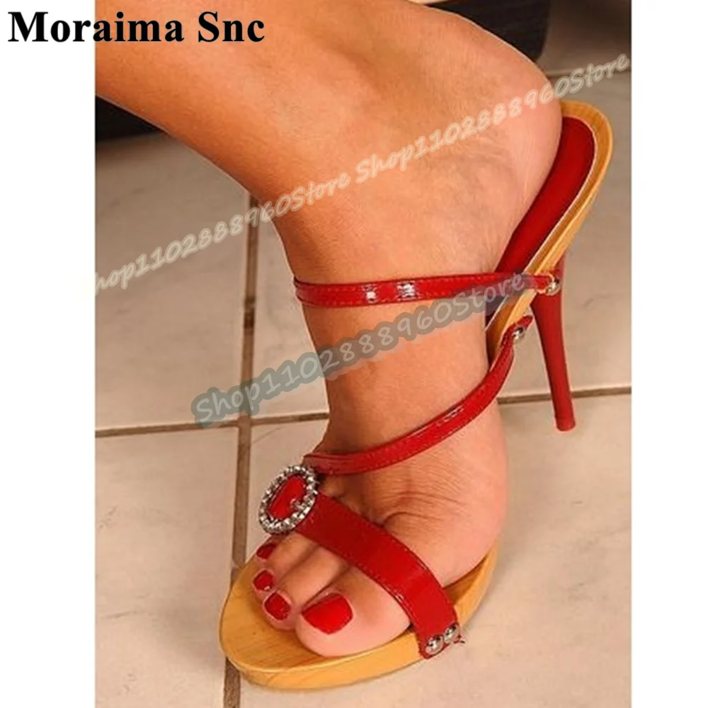 

Red Narrow Glossy Leather Buckle Strip Slippers Spike High Heel Shoes For Women Slip On Open Toe Casual Fashion Party Slippers