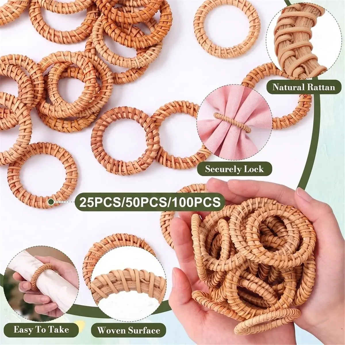 50Pcs Boho Woven Rattan Napkin Rings Bulk Rustic Style Round Dining Table Napkin Holders for Banquet Home Wedding