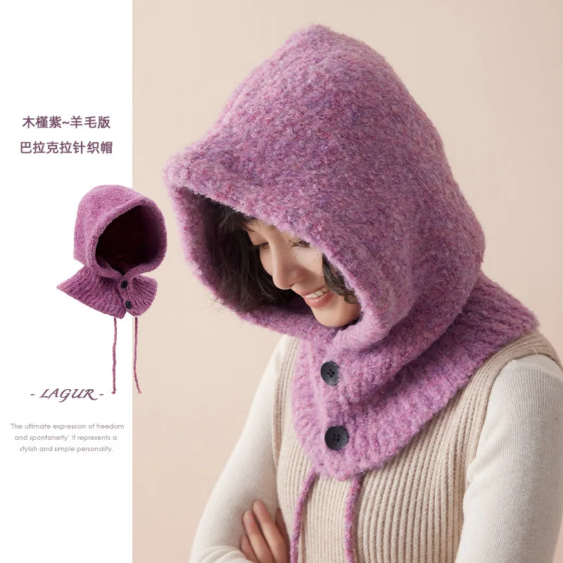 2026 Neue Wollmischung Balaclava-Mütze für Damen, Winter-Ohrenschutz, Warmer Strickschal, Integrierter Pullover, Bombermütze – Detail 2