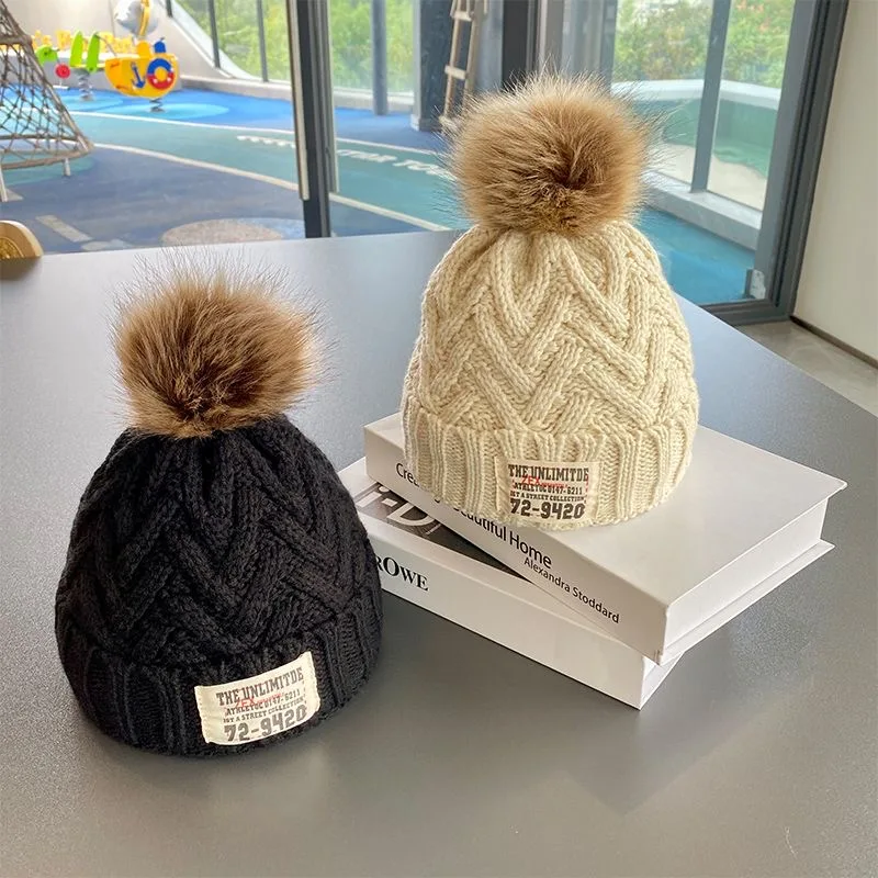 Children's knitted hat padded cold wool cap pop baby hairball set head cap Yangqi fashion thickened versatile