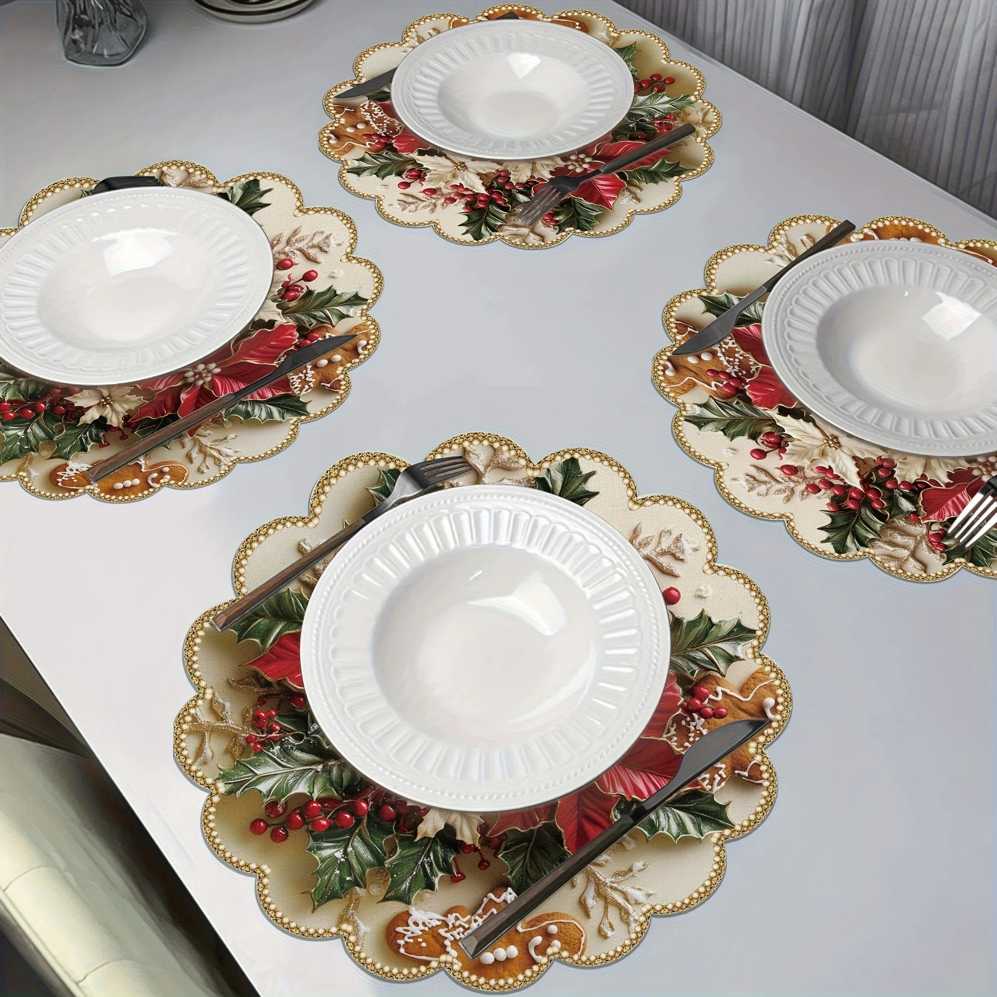 4Pcs 15Inch Round Floral Placemats Non Slip Heat Resistant For Christmas Halloween Thanksgiving Easter