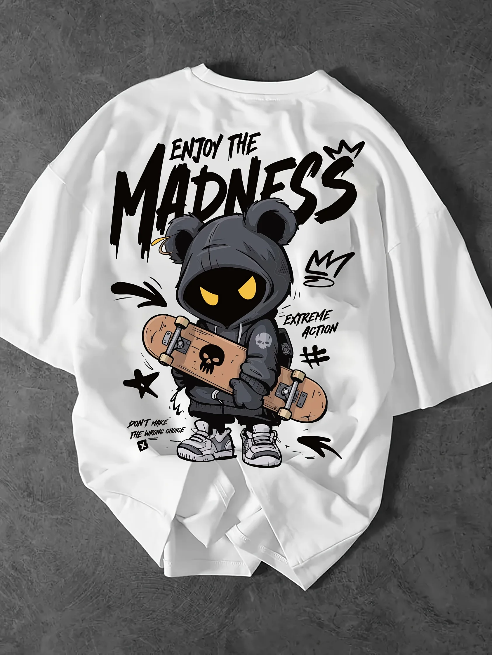 Skateboarding Hooded Character Graphic Print 100% Cotton Mens T Shirt for Summer Streetwear Has An Edgy Urban Aesthetic