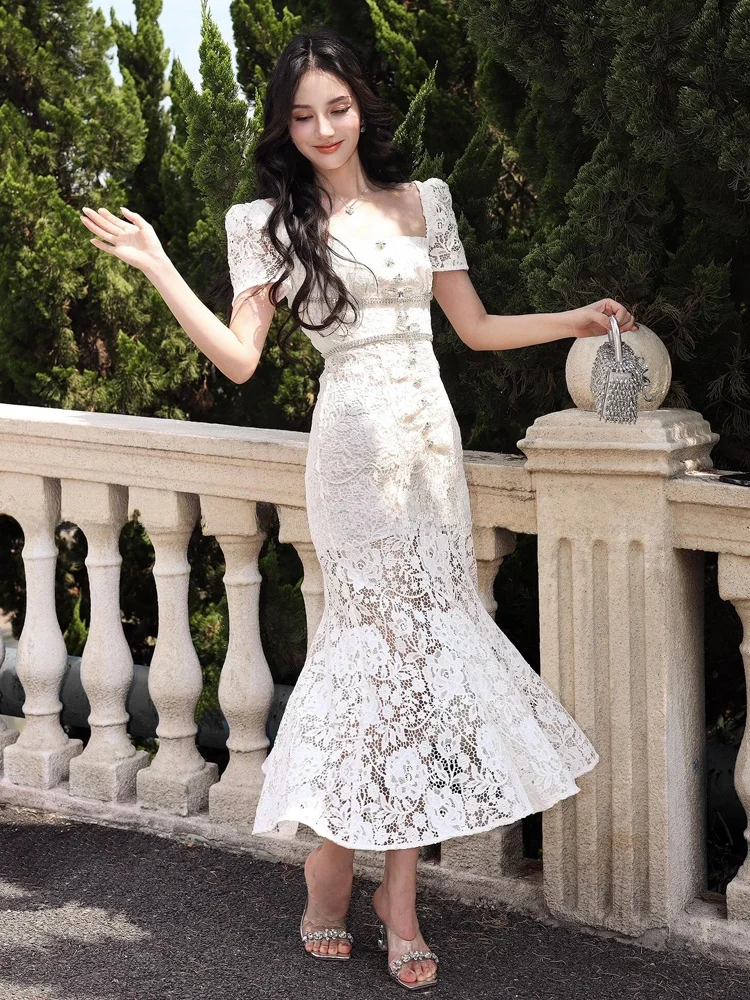 Ele Autunno New SP Home Diamante Impreziosito Nodo Colletto Quadrato Vita Cinched Lace Fi Tail Dr