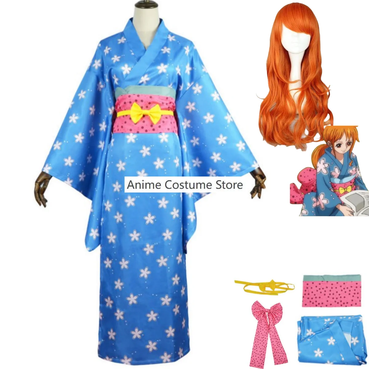 Anime Nami Cosplay Costume Wano Kuni Country Wig Japanese Blue Kimono Bathrobe Adult Woman Modify Halloween Carnival Suit