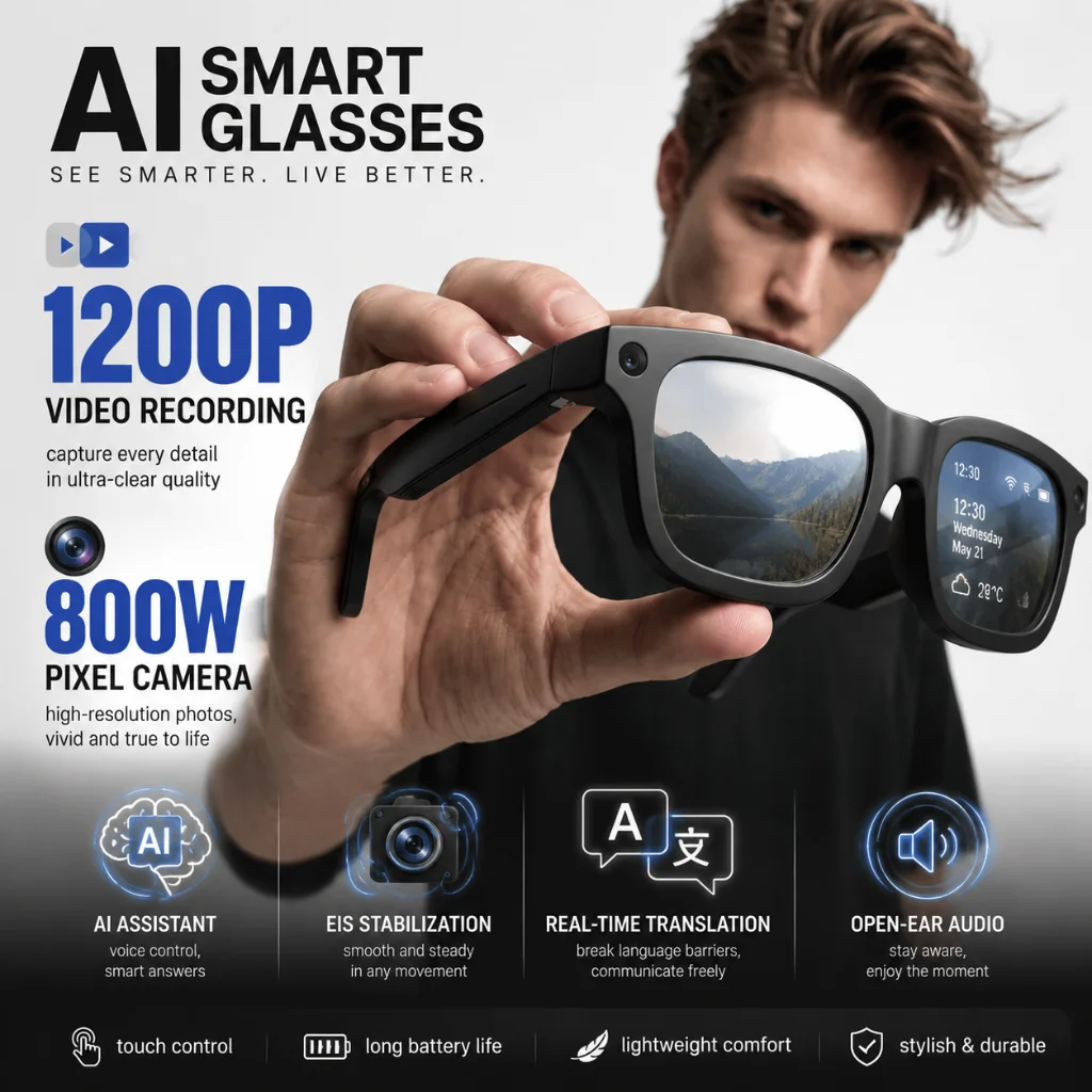 2026 Smart Camera Glasses 8MP Photo 1200P Video Recording AI Object Recognition Translation WiFi Transfer Dual Mic ENC Bluetooth