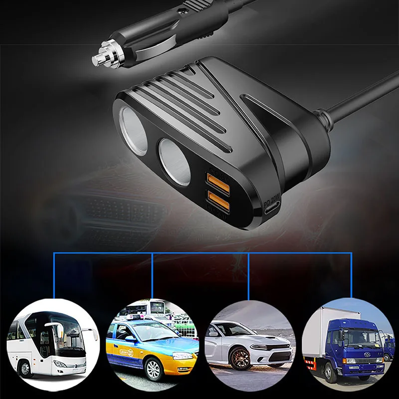 

12V/24V Car Socket Adapter 1 Tow 2 Usb C/pd Cigarette Lighter Splitter Cigarette Lighter Charger Car Electronic Accessories