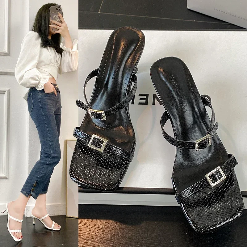 

High Heel Sandal for Women 2024 Summer Suit Female Beige Buckle Square Toe Low-Heeled Shoes With Strap High-heeled Comfort Black