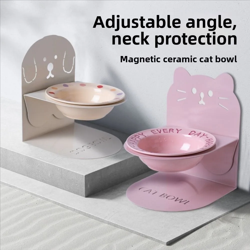 

Anti Vomiting Ceramic Cat Bowl Anti Slip Inclined Cat Feeding Station Neck Protection Adjustable Height Elevated Cat Water Bowl