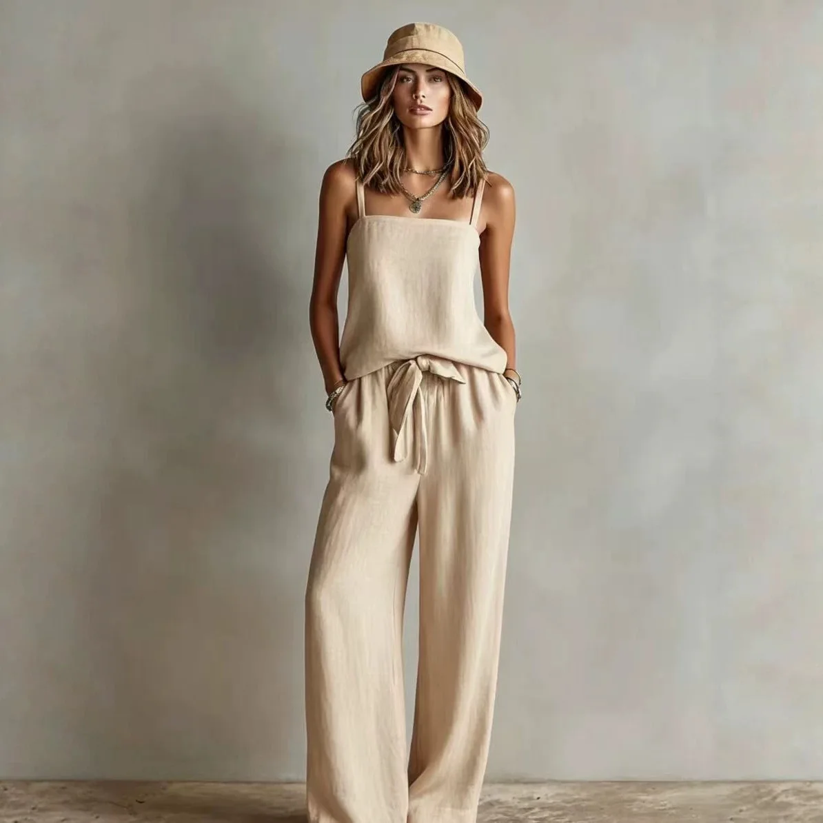 New Women's Minimalist Square Neck Vest Sleeveless Top With Drawstring Waist Wide Leg Pockets Wide Leg Pants Casual Vacation Set