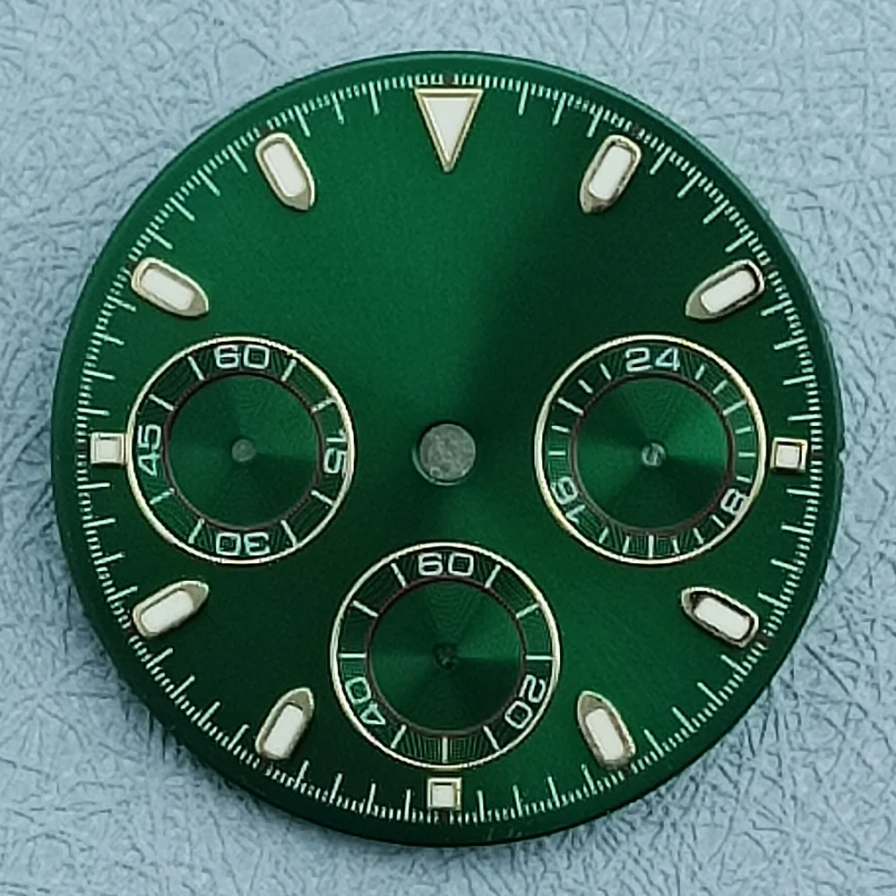 29mm VK63 Watch Dial for Quartz Movement 6 Hands Watch Parts C3 Green Luminous Chronograph Face Customizable logo