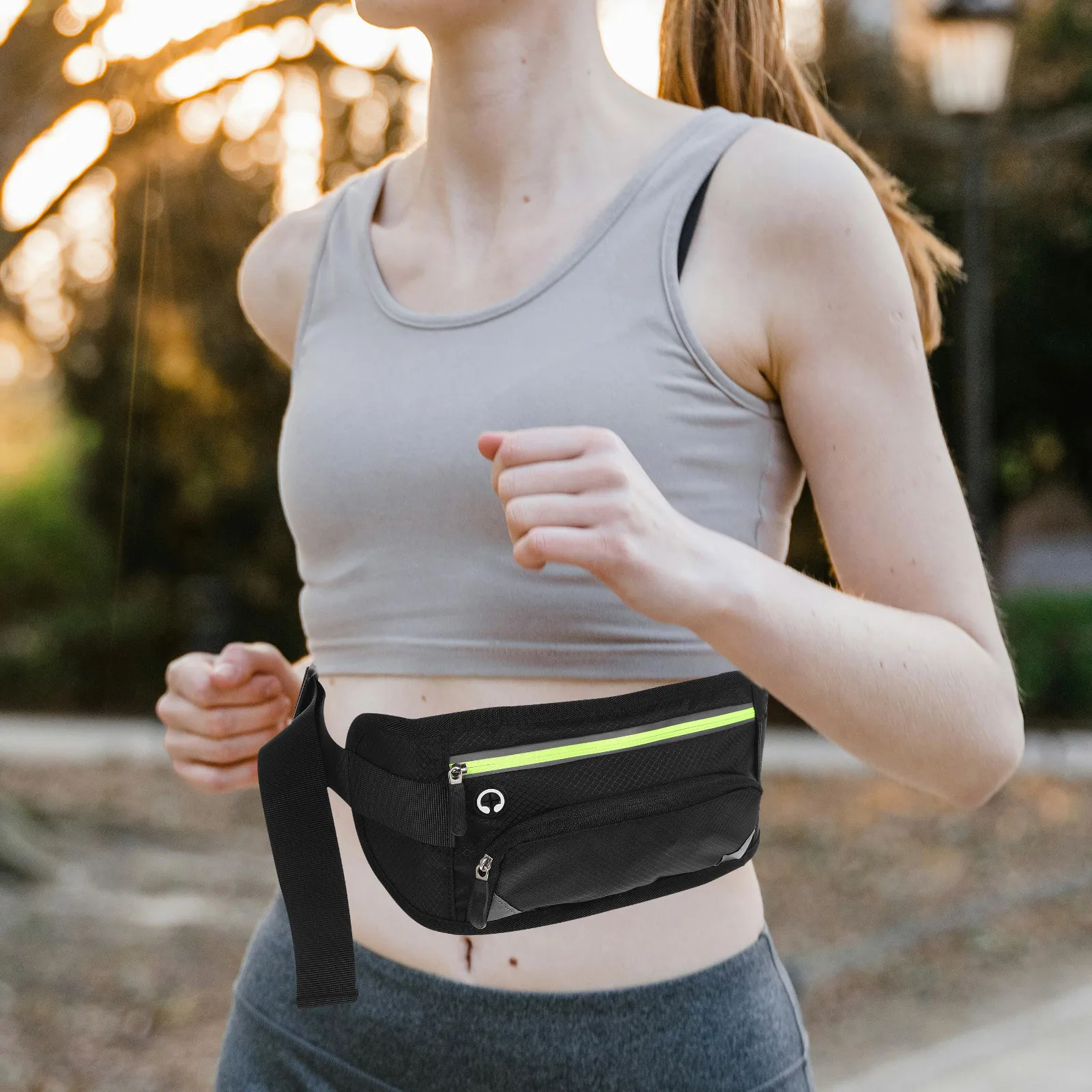 Sports Belt Pack Black Fitness Waist Bag Zipper Pouch Fits 6 Inch Phone Adjustable Waistband for Running Hiking Travel