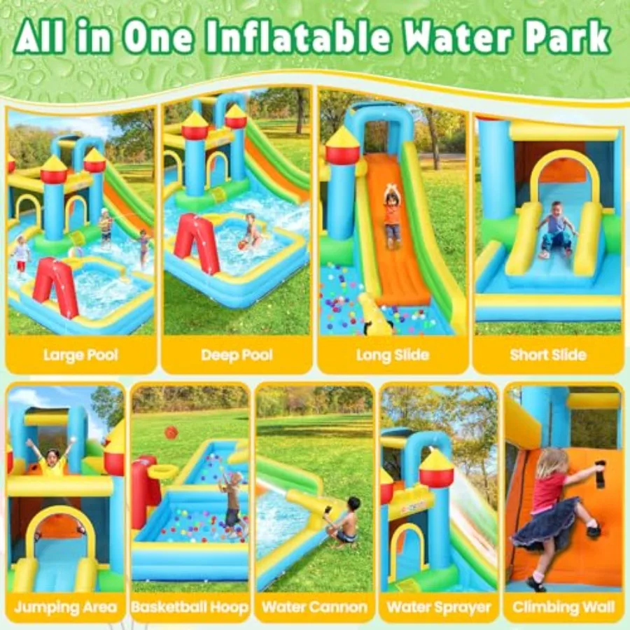 Outdoor/Indoor Bounce House Water Slide for Ages 3-12 PVC Material Blue/Red Dual-Lane Slide with Deep Pool Inflatable Bounce Ar