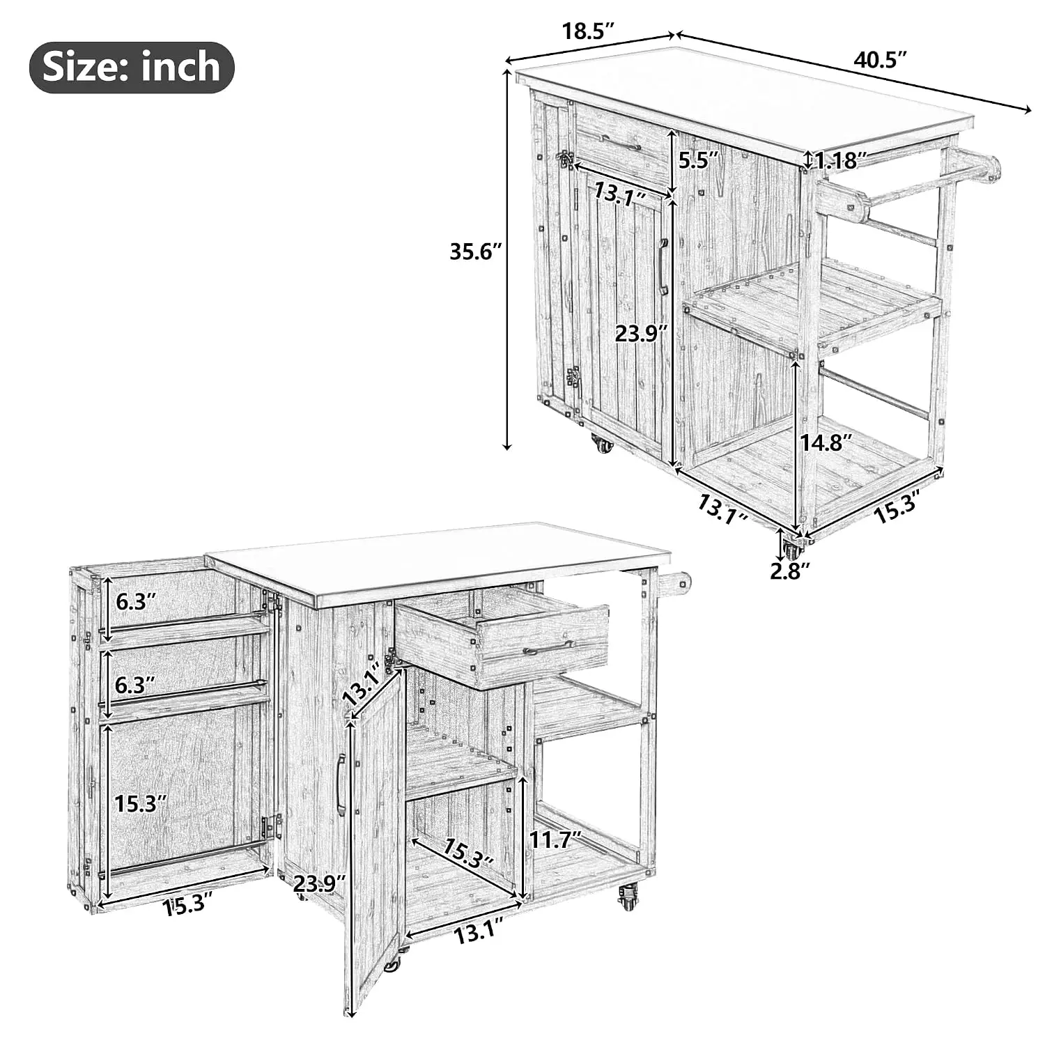 Outdoor Fir Wood Kitchen Island with Stainless Steel Top & Lockable Wheels, 40.5