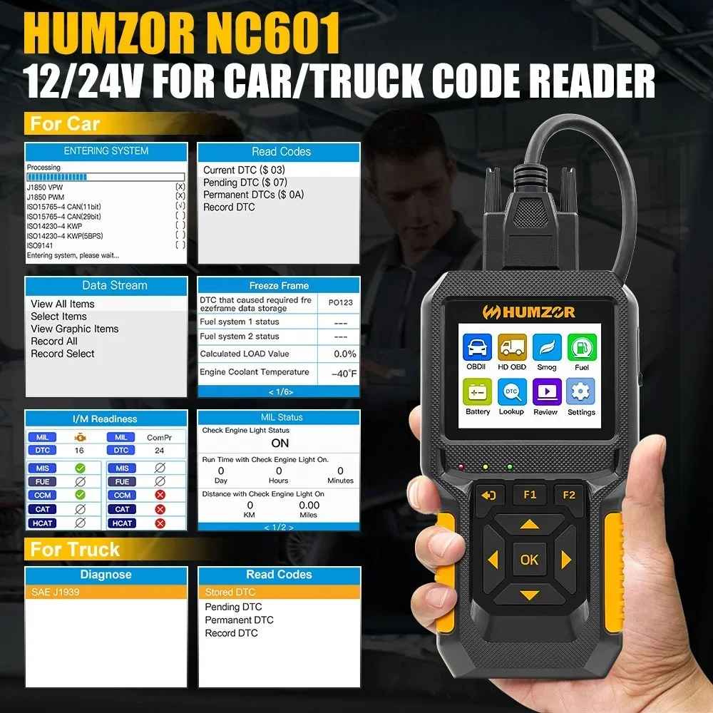 Humzor NC601 2in1 OBD2 Code Reader Scanner Full System Car Diagnostic Scanner Support for Car And Truck Auto Diagnosis Tool