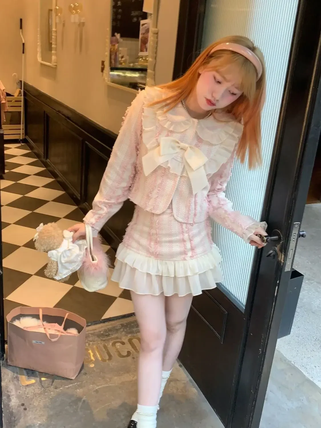 ฤดูหนาวElegant 2 ชิ้นชุดผู้หญิงPatchworkโบว์เสื้อสีชมพู + สั้นA-LineกระโปรงหญิงVINTAGEสบายๆหวานชุดกระโปรง 2025 ใหม่