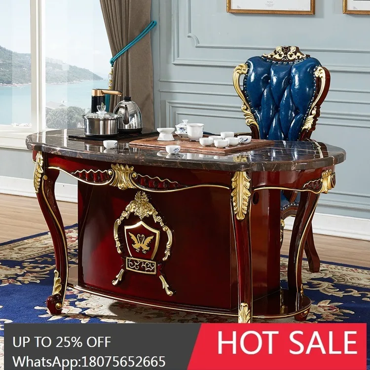 SGF European Style Marble Tea Table Red Carved Kung Fu Tea Brewing Table Multi-Functional