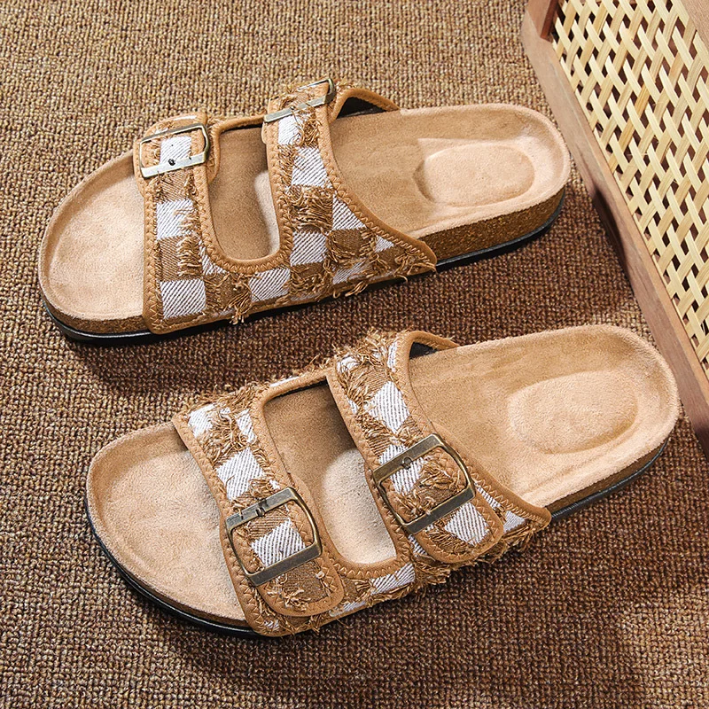 Women Men Sandals Lattice Mules 2024 Summer Female Retro Style Slippers Beach Casual Shoes Men Cork Bottom Non-slip Luxury Shoe