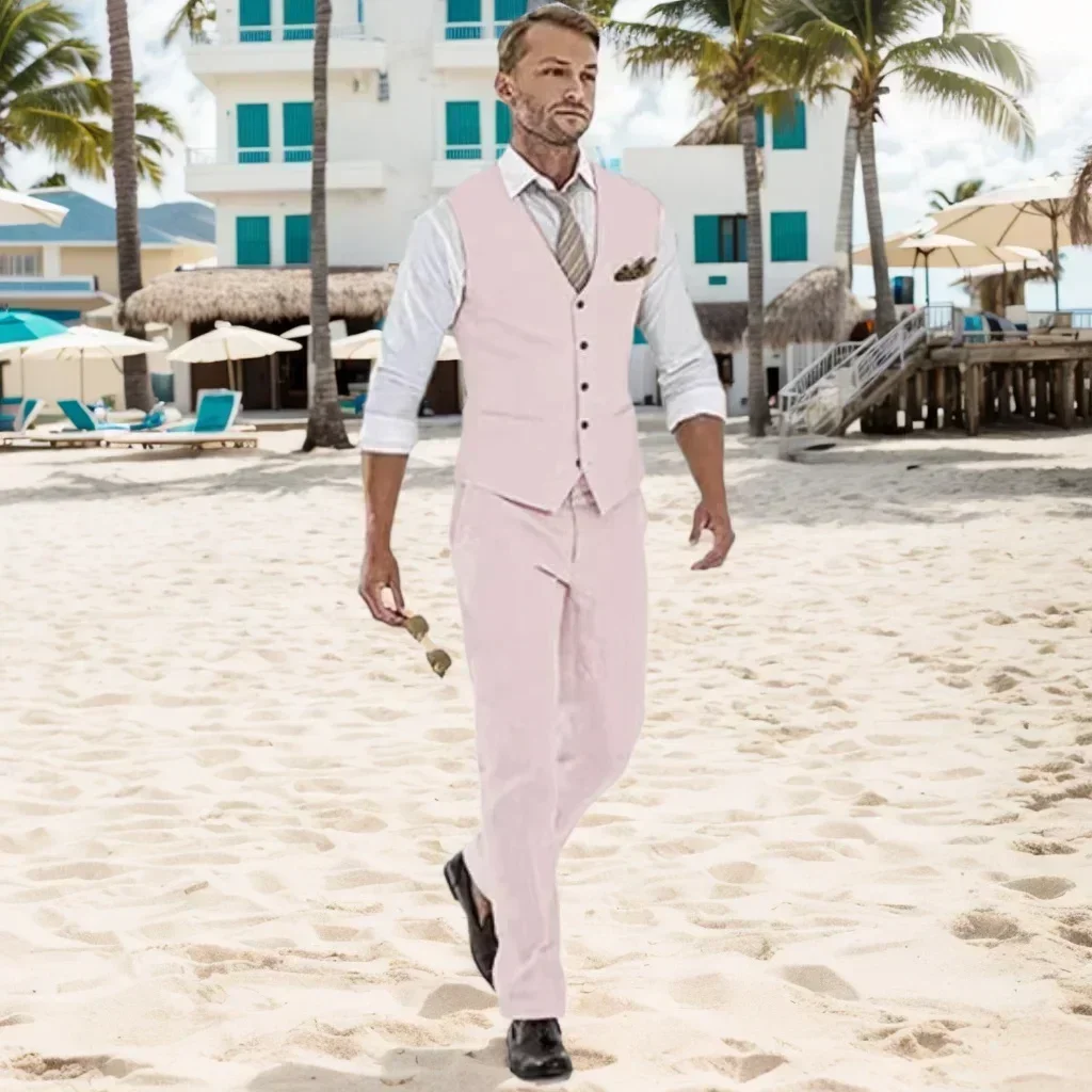 

Retro Style Two-Piece Set Single Breasted Vest V-Neck Sleeveless Jacket with Pockets for Summer Beach Wedding Parties