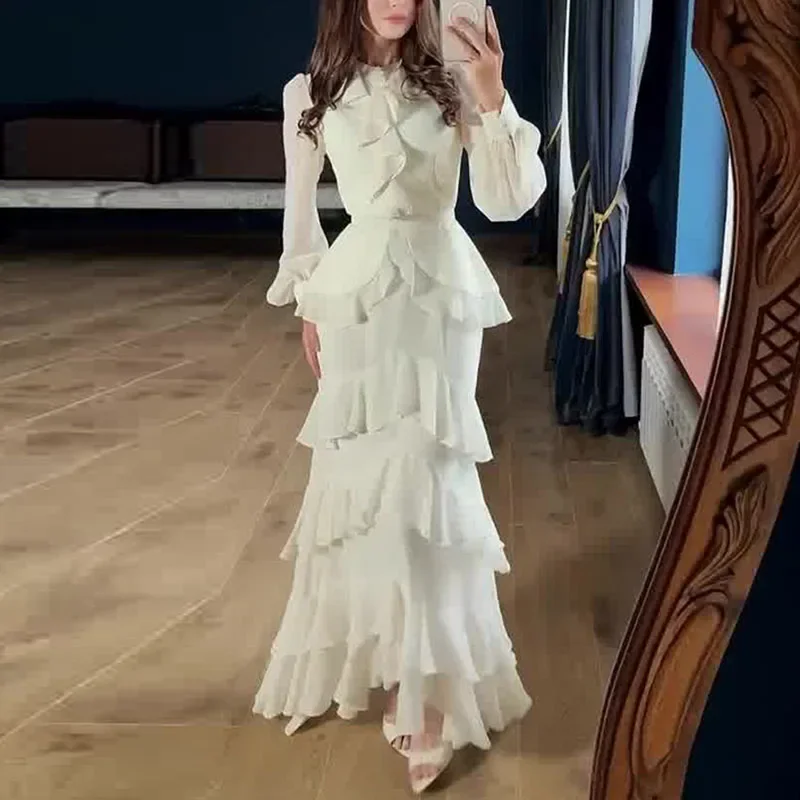 Moda manga longa vestido de outono feminino elegante o pescoço em camadas plissado vestido de noite casual sólido chiffon irregular maxi vestidos