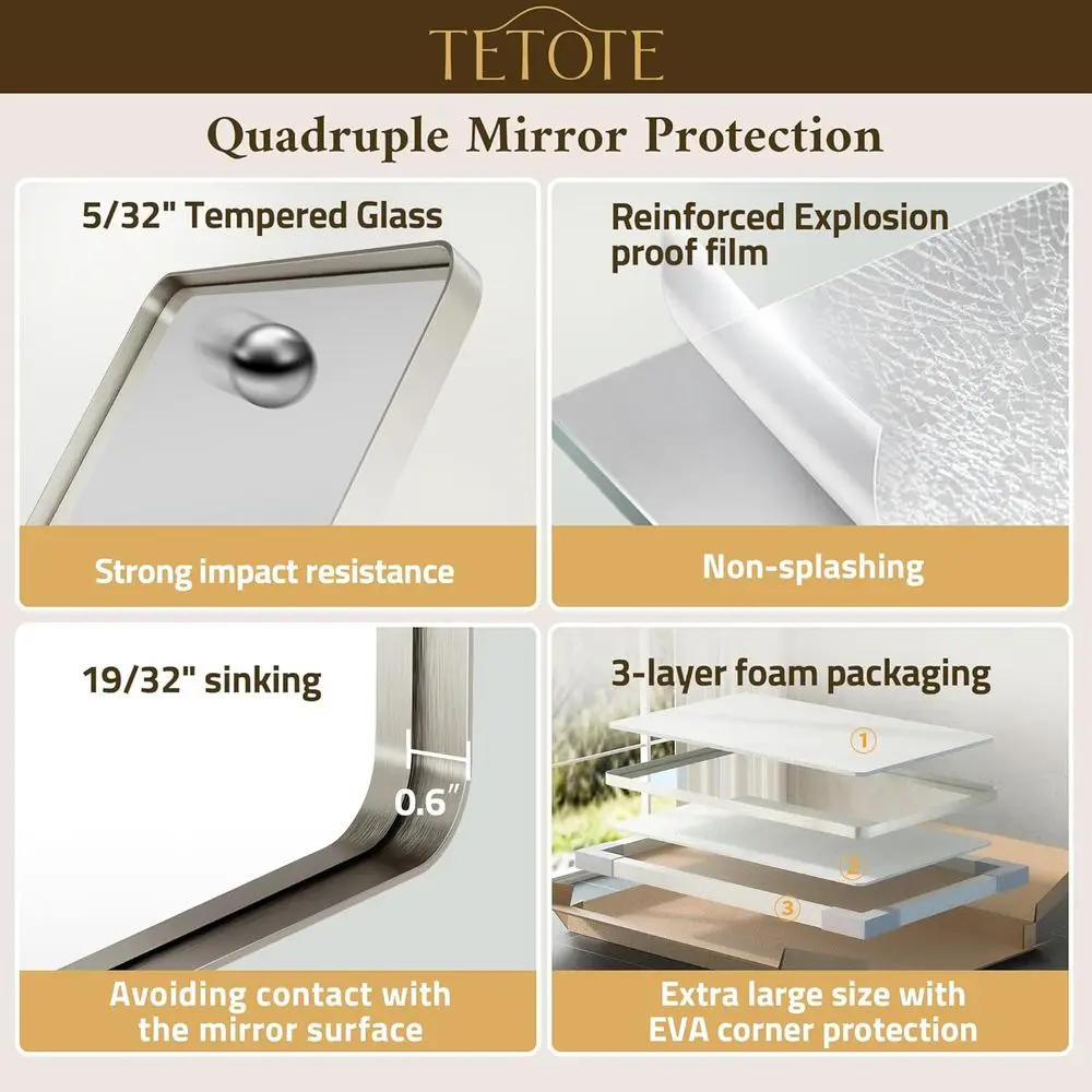 Espejo de tocador con estructura de metal de 24 x 36, níquel cepillado, vidrio templado, estilo de granja moderno para decoración de baño