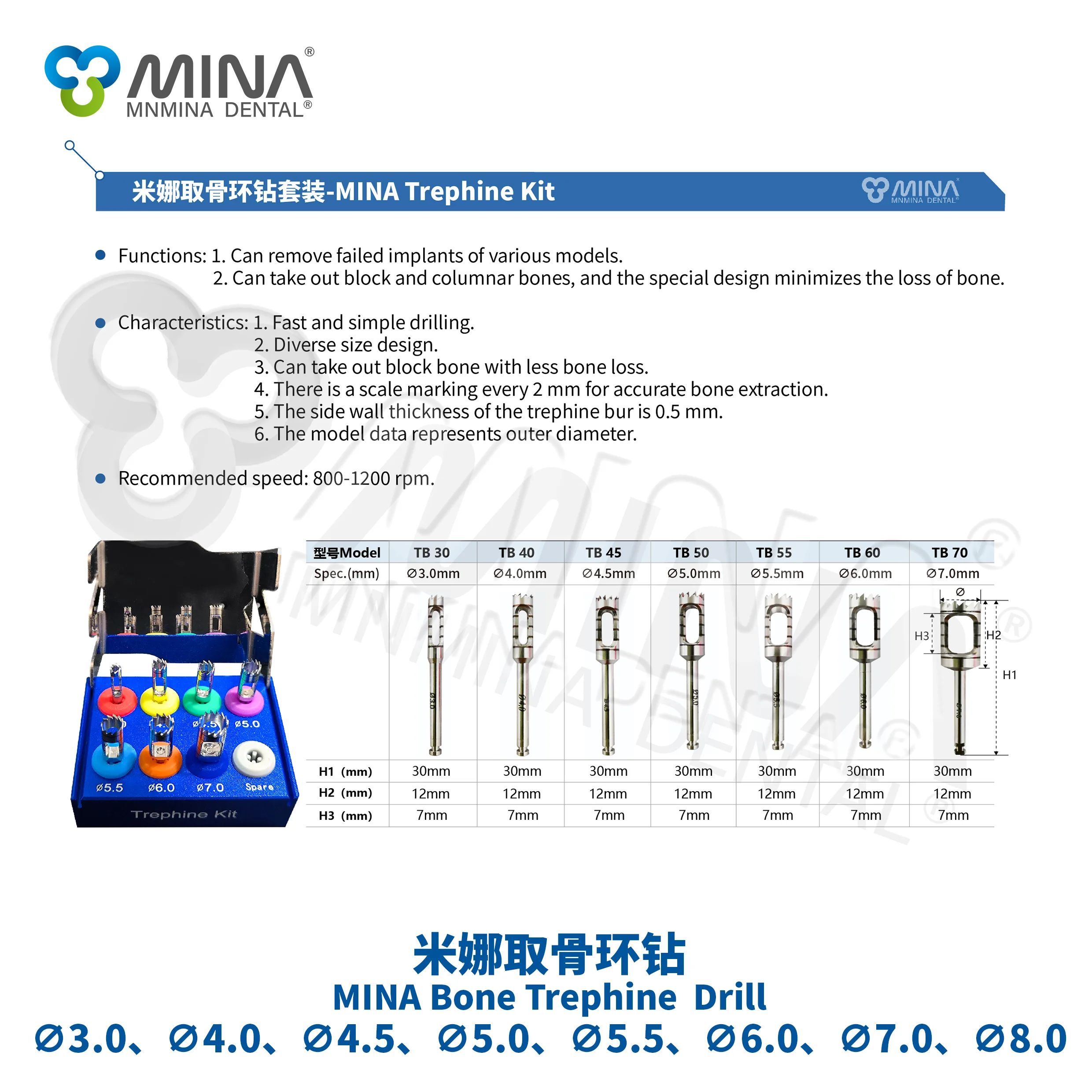 High Quality MINA Dental Surgical Implant Instruments Hot Sale Bone Trephine Collector Stainless Steel CE Certified Manufacturer