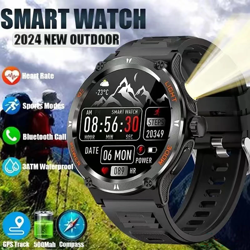 New Flashlight watch For  GPS NFC Smart Watch Men  AMOLED Screen Heart rate Bluetooth Call IP68 Waterproof Man Watch 500mAh