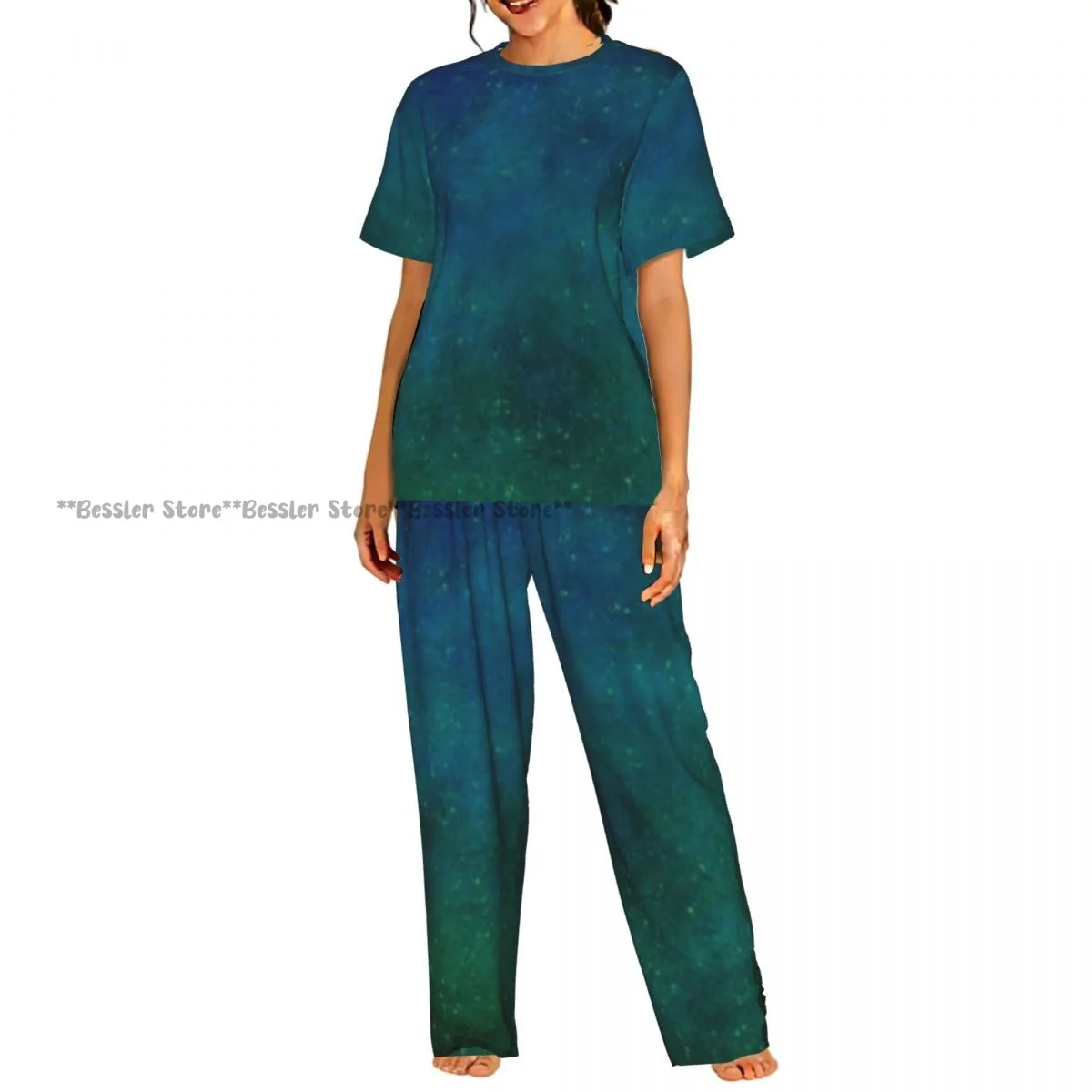 Women Pajama Sets Lounge Sleepwear Abstract Galaxy With Stars Nebula Short Sleeve Nightwear