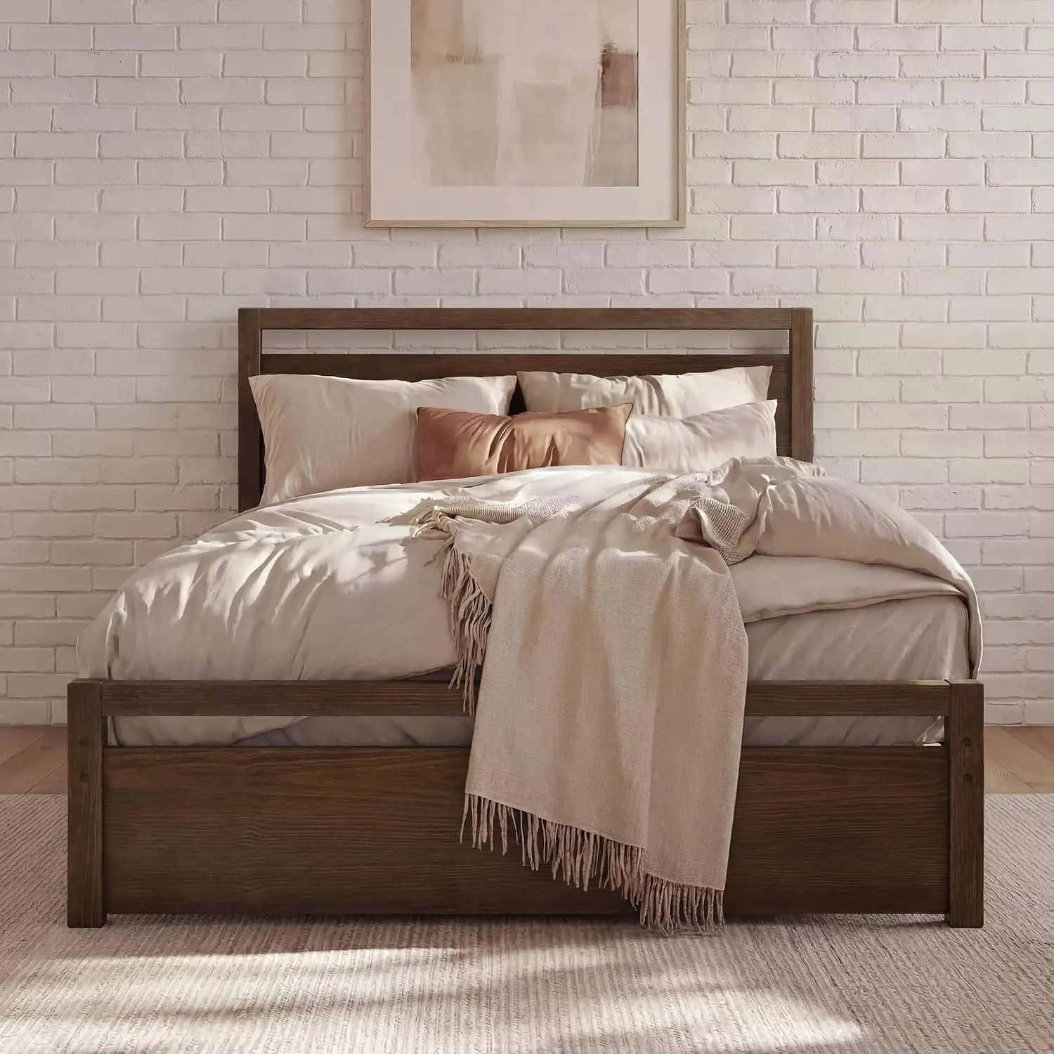 Loft Queen Size Solid Wood Bed, Brushed Mocha, Customized