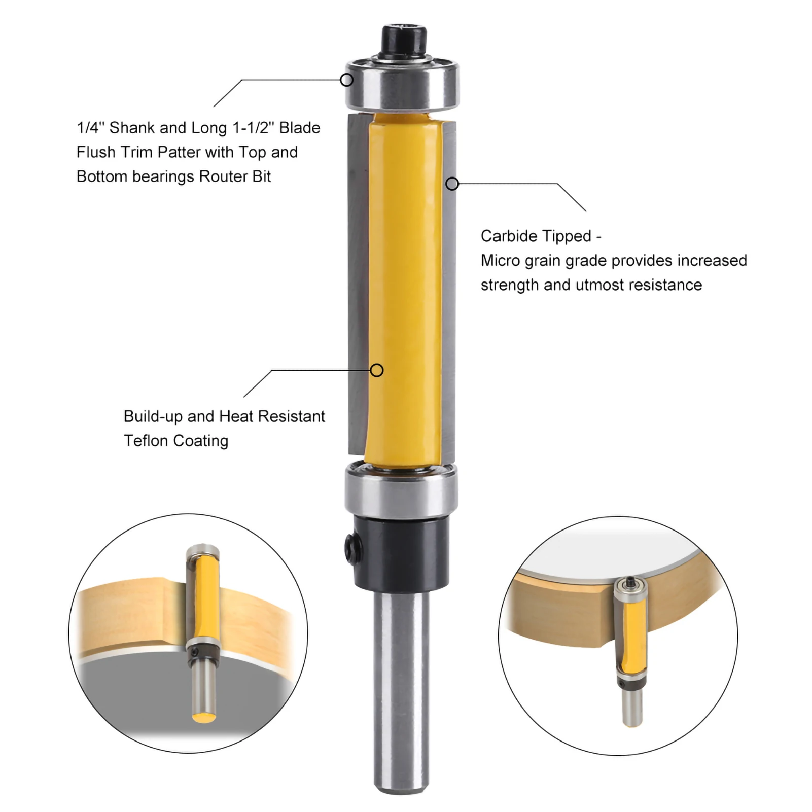 Flush Trim Router Bit with Top and Bottom Bearing 1‑1/2inch H * 1/4inch Shank Woodworking Tool