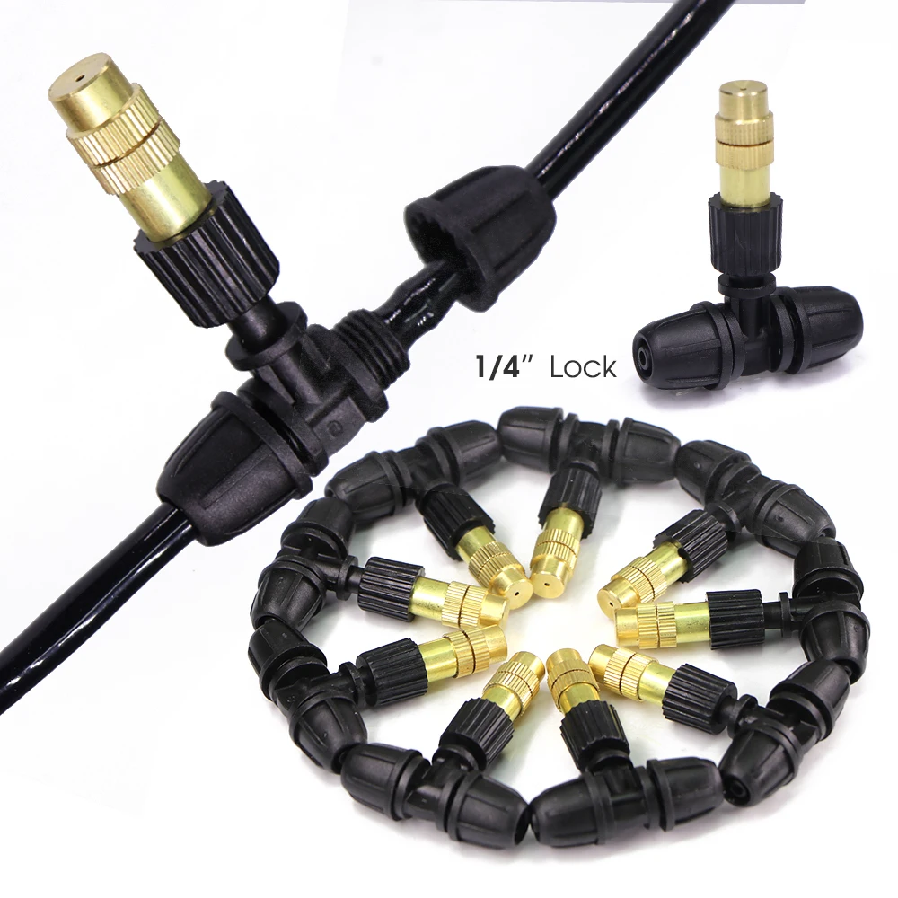 10PCS 2-8L/H Garden Brass Misting Nozzle with Lock Tee for 4/7mm Hose Spray Head Greenhouse Atomizing Cooling Watering Sprinkler