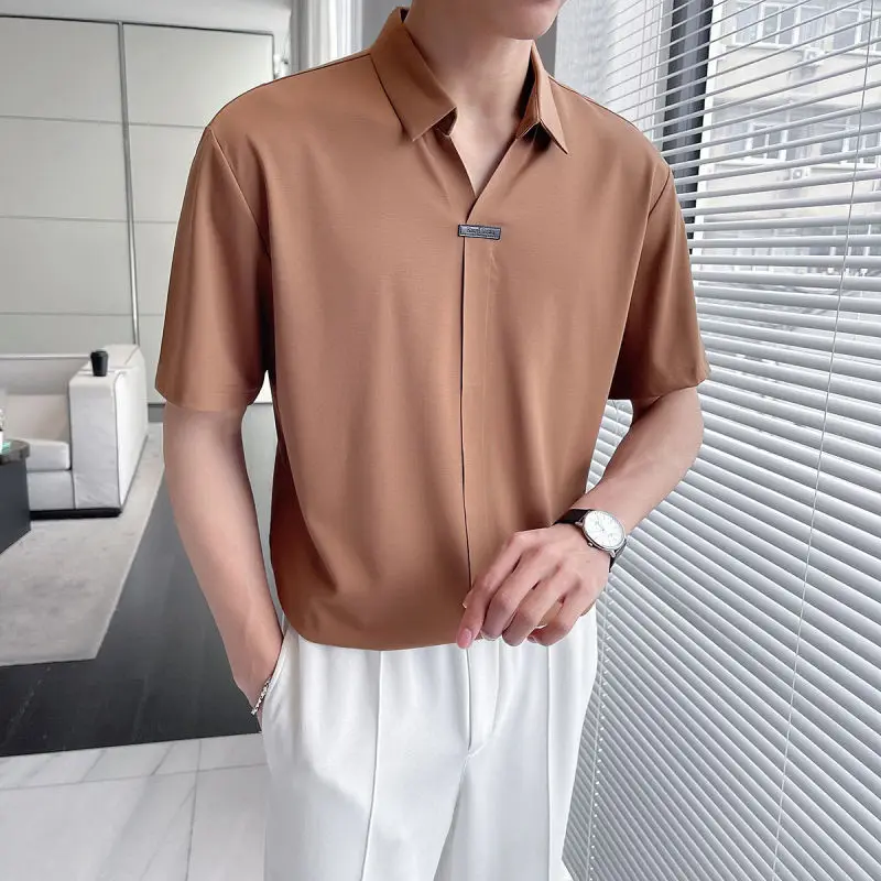 2024 New Summer Leisure Business Simple Solid Color Flip Collar Slim Fit Pi Shuai Ice Silk Half Sleeves Top Shirt for Men