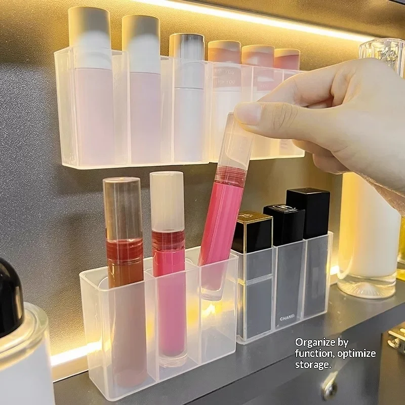 3PCS Wall Mounted Makeup Storage Box No Punch 3 Grids Cosmetic Organizer Lipstick Holder Bathroom Cabinet Storage Container
