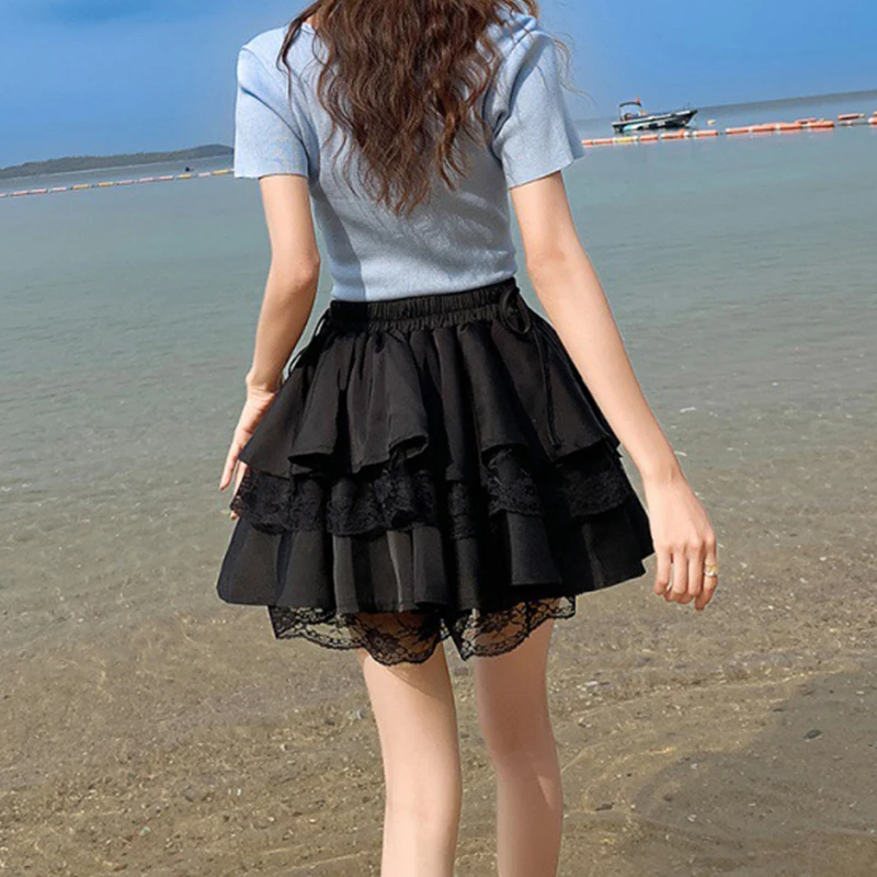

Ladies Lace Splicing Sexy Mini Skirt Womens Korean Fashion Casual Pleated Skirt Female Girls Lolita Cute Black Fluffy Skirts