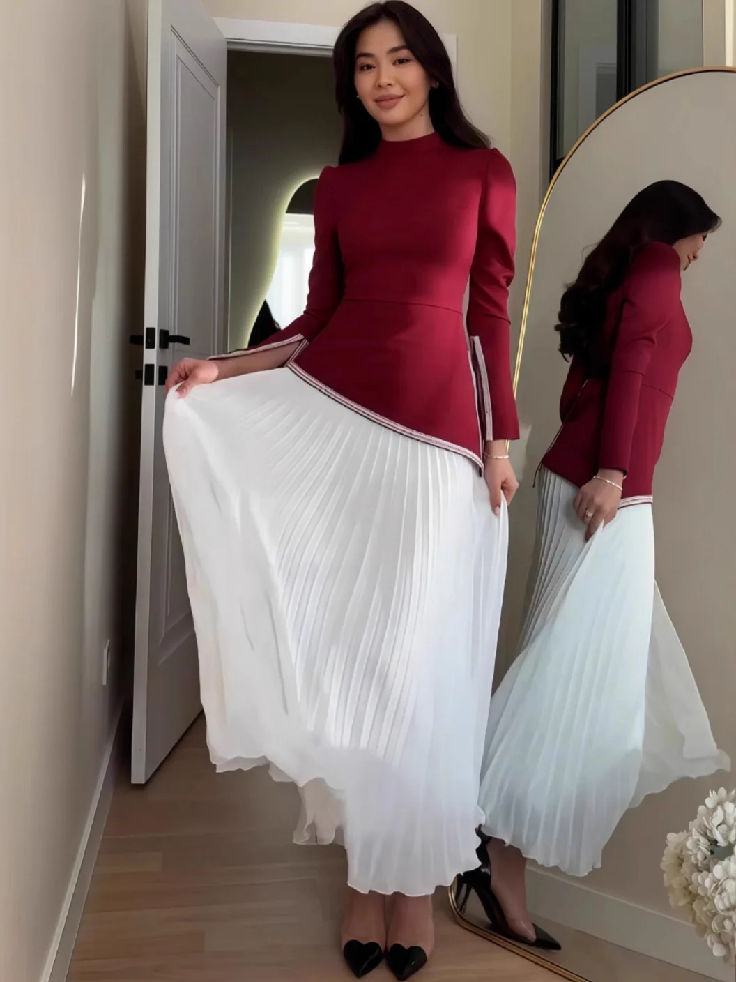 Ele cintura alta emagrecimento longo sve midi saia conjunto de duas peças feminino ano novo primavera coleção faionable casual dr