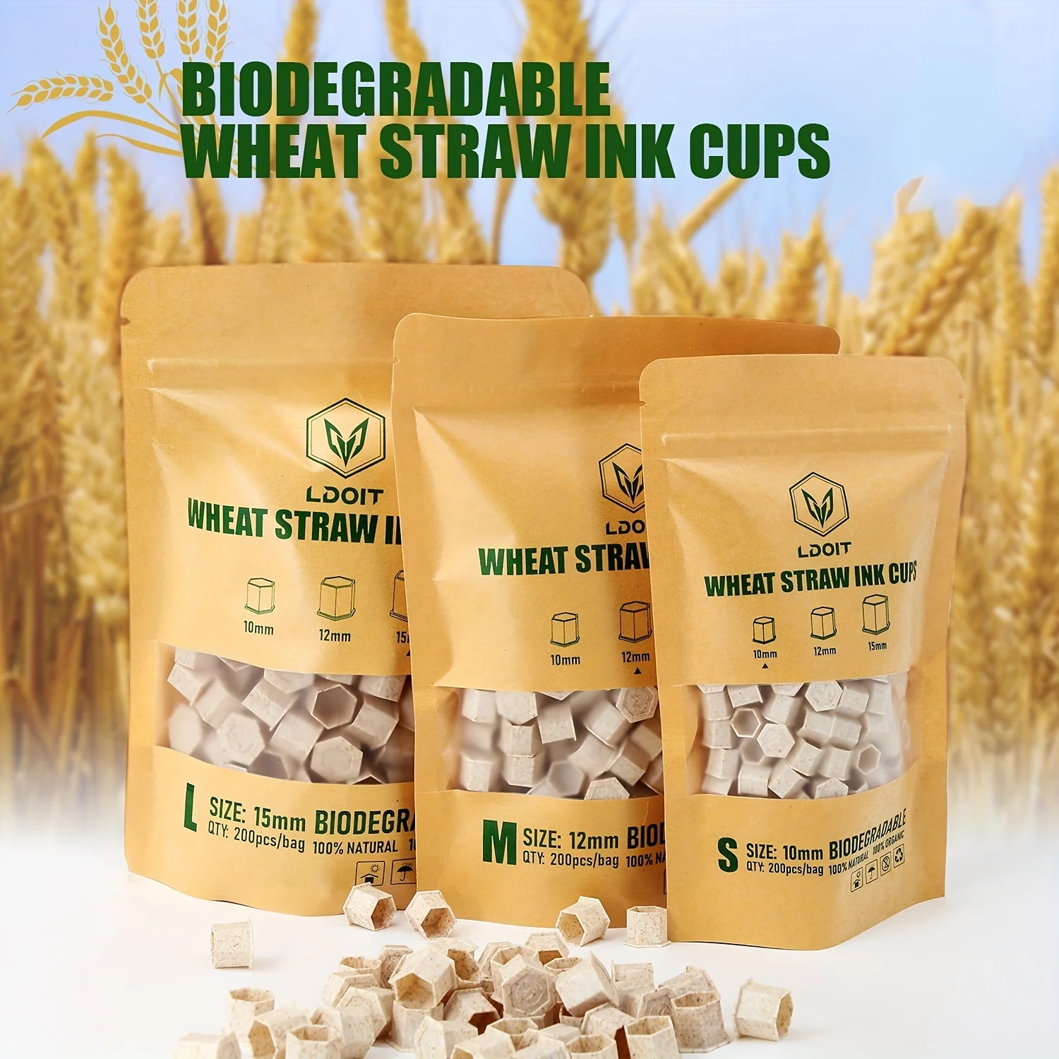 200 Uds tazas de tinta de tatuaje biodegradables S/M/L 10mm-15mm, tapas de tinta de tatuaje desechables ecológicas con Base paja de trigo ecológica para sujetar
