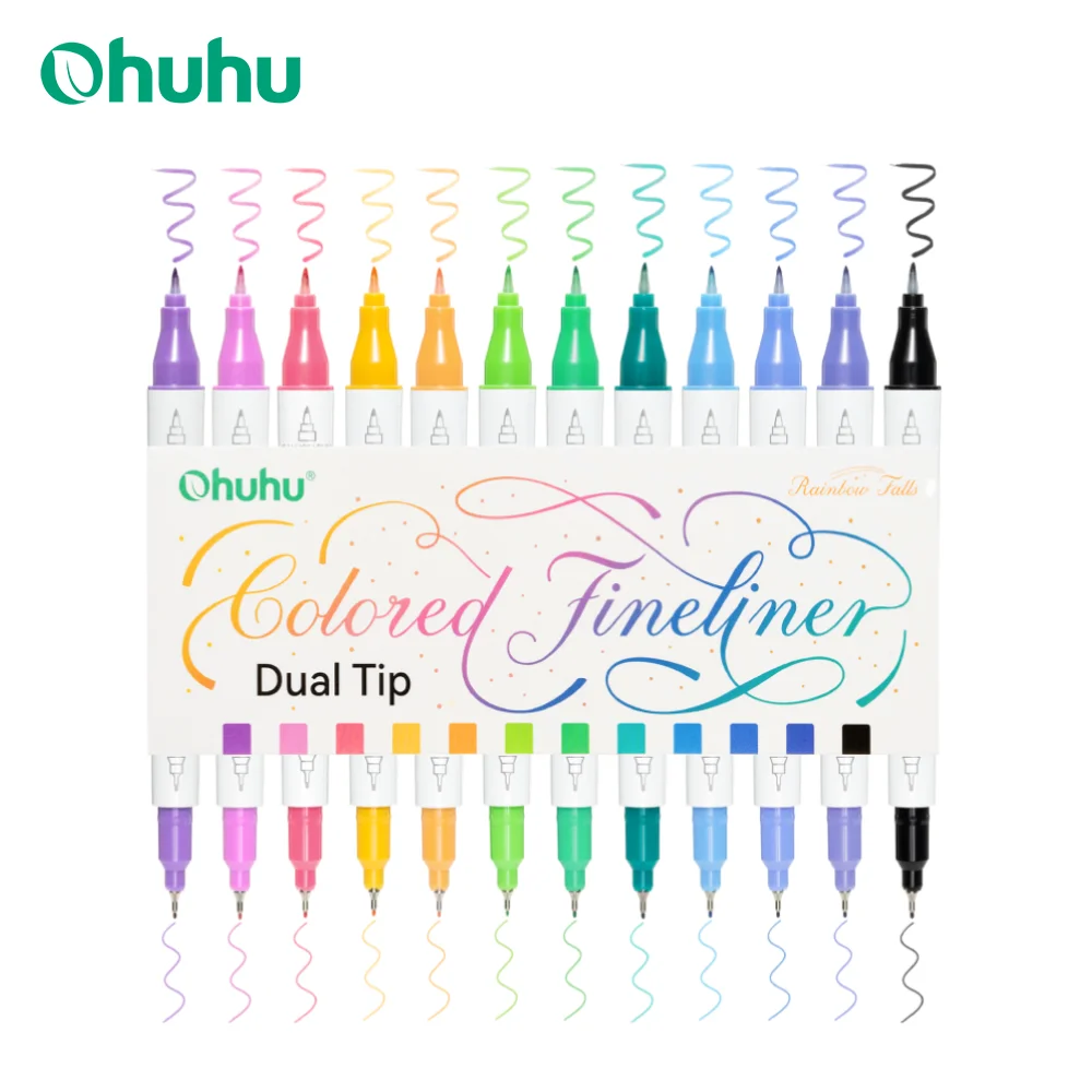 

Ohuhu Colored Fineliner & Brush Pens 12 Colors Dual Tips Colored Drawing Pens Waterproof Micro Pens Drawing Sketching Journal