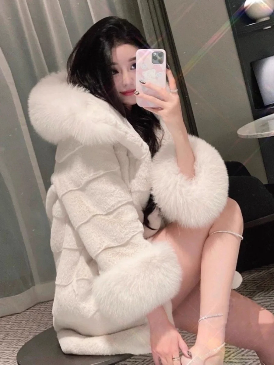 2025 Young Sle Thiened Younger Looking  Fur Collar Hat Coat Women's Mid-Length Long Sve Loose Fit Winter Outerwear